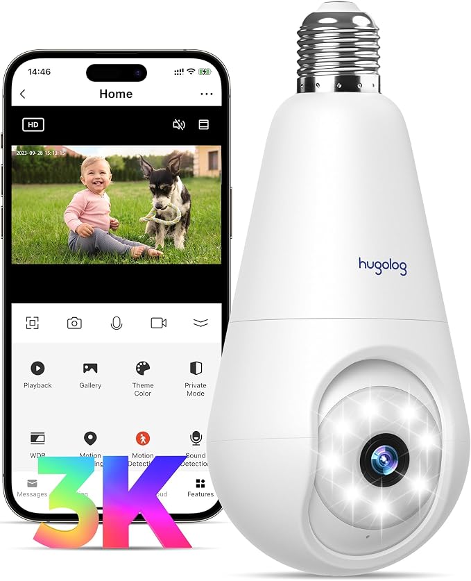Hugolog 3K 5MP Light Bulb Security Cameras Wireless Outdoor-2.4GHz Cameras by Hugolog
