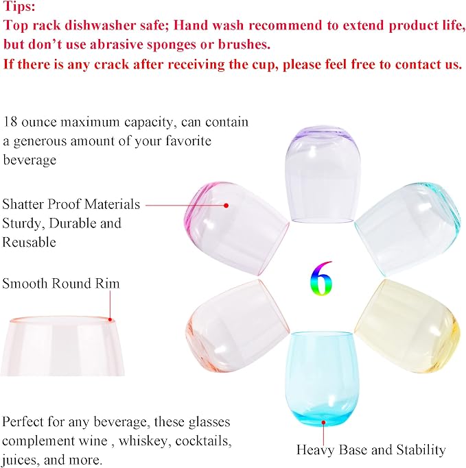 KOXIN-KARLU Classic 18-ounce Acrylic Stemless Wine Glasses, Unbreakable Mixed - Image 3