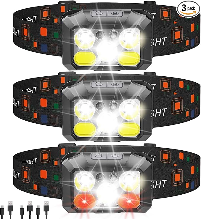 Rechargeable LED Headlamp 3-Pack, 800 Lumens, IPX4 Waterproof, 8 Modes by Unknown