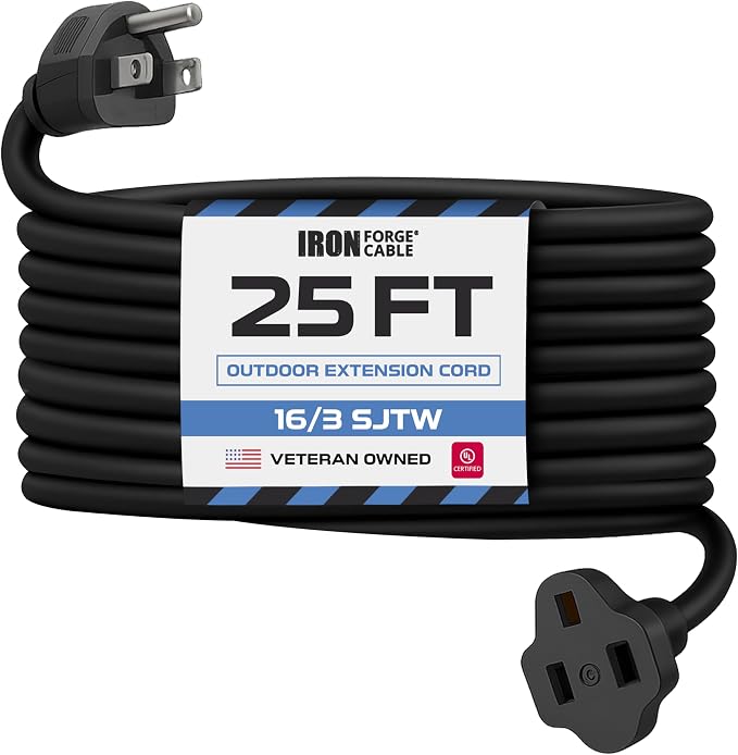 Iron Forge Cable 25 Ft Black Extension Cord, 25 Foot Extension Cord, 3 Prong by IronForgeCable