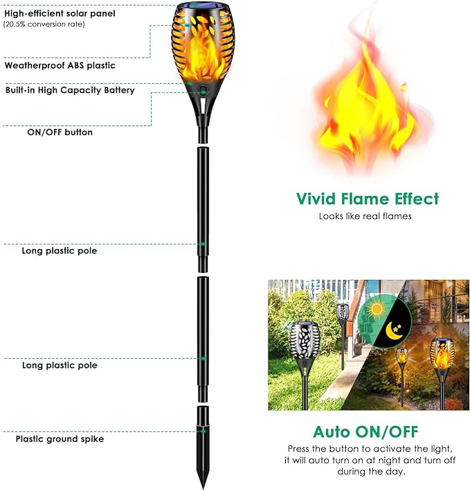 TomCare 8 Pack Outdoor Solar Lights Flickering Flames Torch Decorative Garden - Image 3