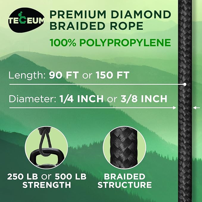 TECEUM Rope – 150 Feet x 1/4 Inch – Black – Strong All-Purpose Utility Rope – - Image 2