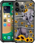 for iPhone 13 Pro Case, Cute Little Elephant Sunflower White Line Art Pattern by FKBRCL4U