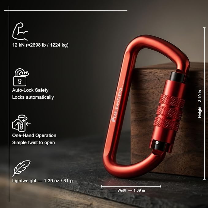 FresKaro 3inch 12kN-2698lbs Auto Locking Carabiner Clips, Solid D Shape - Image 2