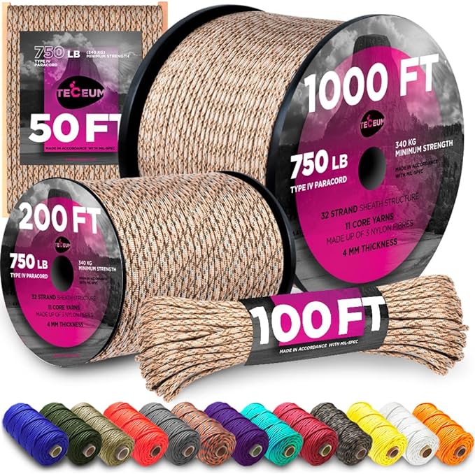 TECEUM 5/32" Paracord Rope 1000 – 1000ft / 200ft / 100ft / 50ft – Tactical by TECEUM