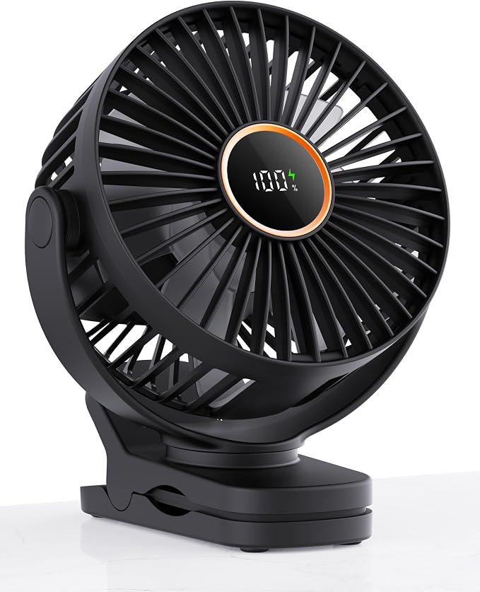 TUNISE Mini Clip on Fan, Battery Operated Desk Fan, Digital display，3 Speeds by TUNISE