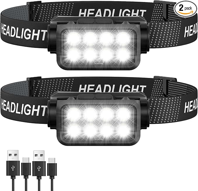 Rechargeable Headlamp Flashlight 2-Pack, 8 LED 2500 Lumen Ultra-Light Bright by Sogdeco