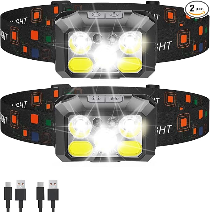 Rechargeable LED Headlamp 2-Pack, 800 Lumens, IPX4 Waterproof, 8 Modes by Unknown