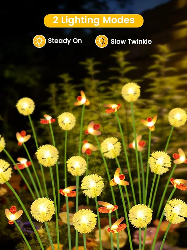 Solar Garden Lights Outdoor, 4 Pack 32 LED, Solar Swaying Dandelion Bee Lights - Image 2