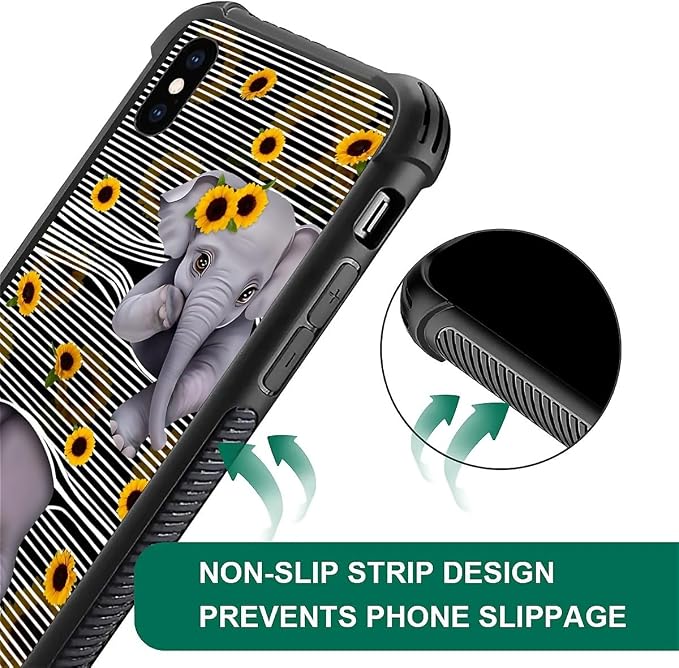 for iPhone X/Xs Case, Cute Little Elephant Sunflower White Line Art Pattern - Image 2
