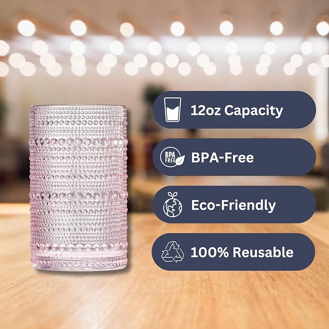 Khen Hobnail Beaded Highball Drinking Tumbler Glasses | Set of 6 | Pastel Pink - Image 3
