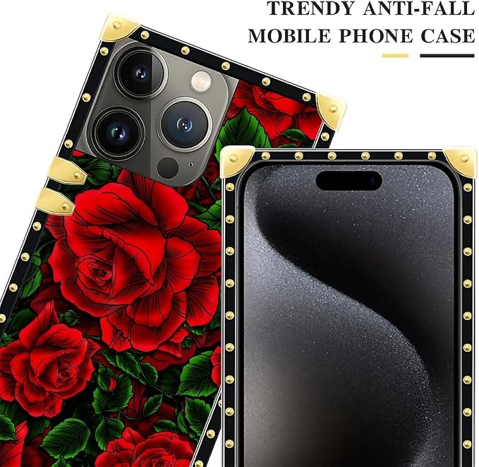 Compatible with iPhone 16 Pro Case, Vector Red Rose Green Leaf Luxury Golden - Image 4