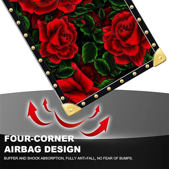 Compatible with iPhone 16 Pro Case, Vector Red Rose Green Leaf Luxury Golden - Image 7