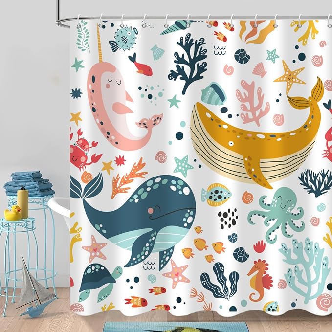 Kids Whale Shower Curtain, Funny Cute Ocean Fish Cartoon Sealife Under Sea by Caheansi