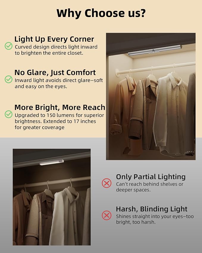 EZVALO 17-Inch LED Motion Sensor Closet Light, Rechargeable 3600mAh Battery - Image 2
