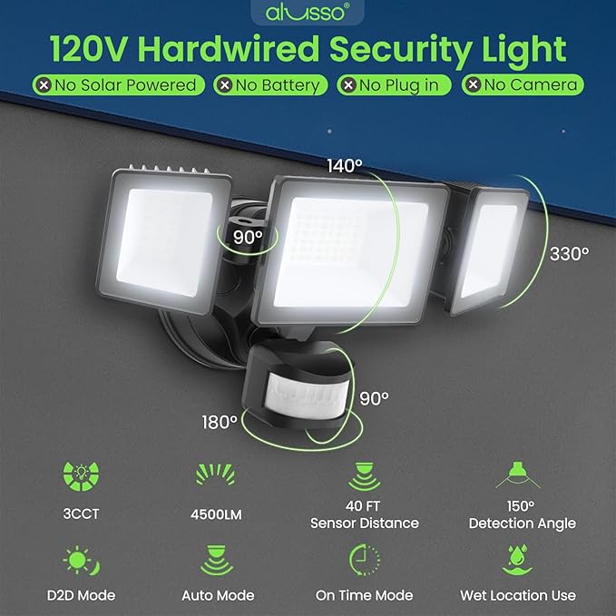 ALUSSO Motion Sensor Outdoor Lights Hardwired, Flood Lights Outdoor 120V - Image 3