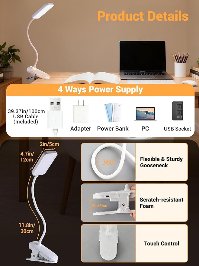 Clip on Lamp, 9 Brightness+5 Color Clamp Light, 4000mAh Battery Rechargeable - Image 7