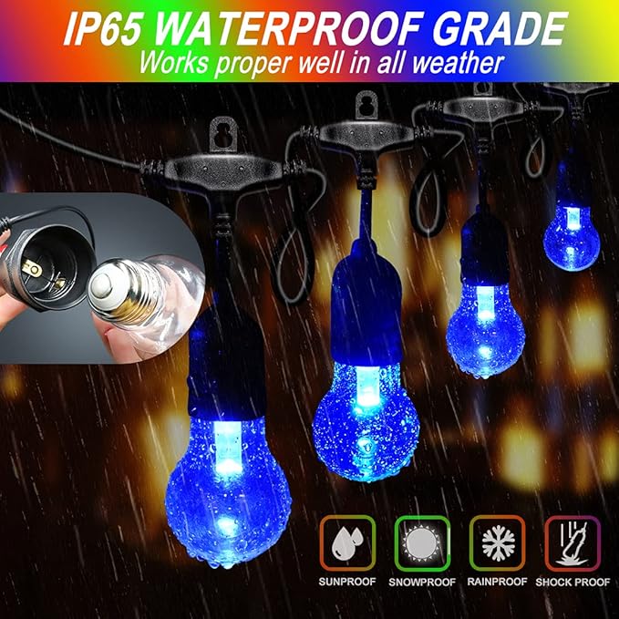48FT Outdoor RGB String Lights, 16 Shatterproof Edison Bulbs, Dimmable Color - Image 2