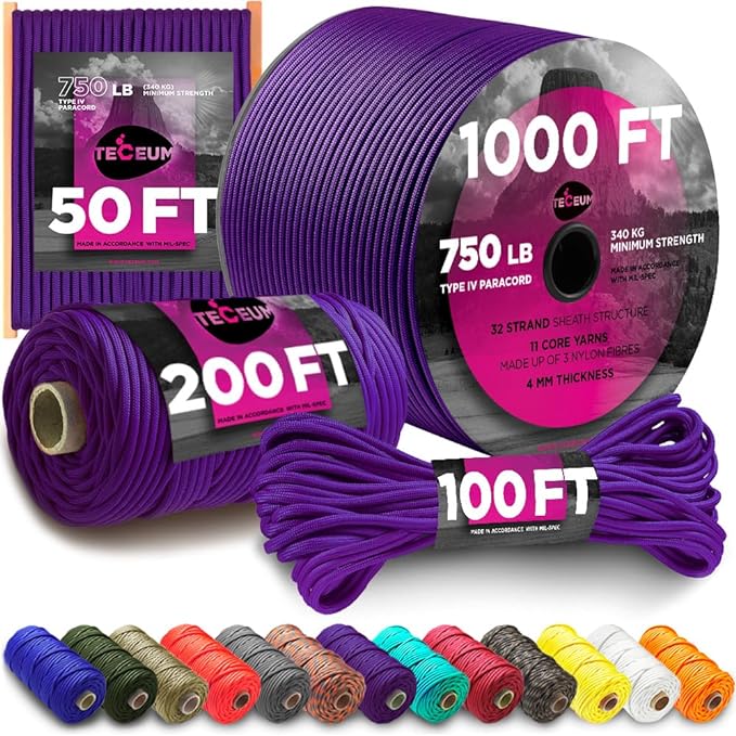 TECEUM 5/32" Paracord Rope 1000 – 1000ft / 200ft / 100ft / 50ft – Tactical by TECEUM