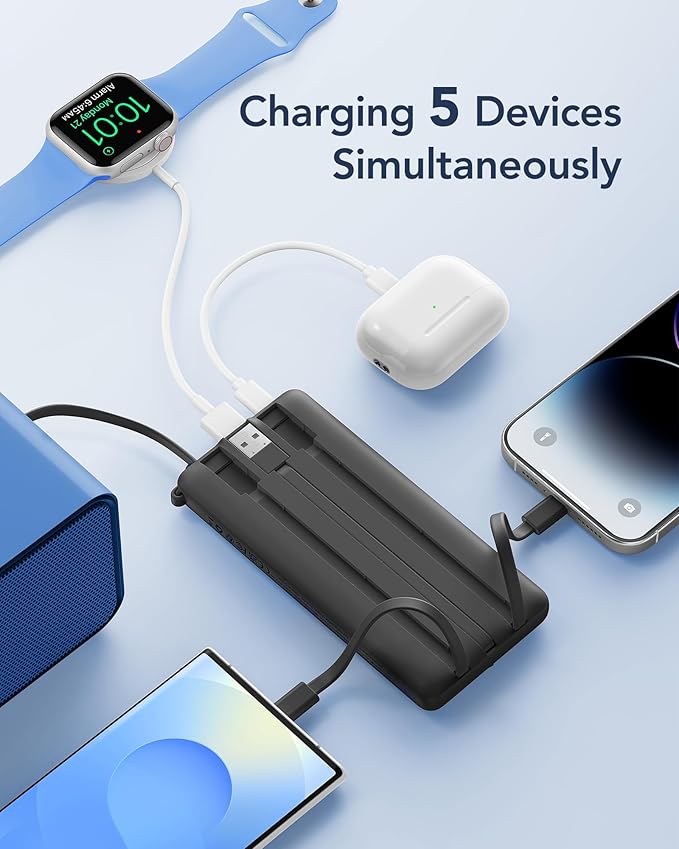 VRURC Portable Charger with Built in Cables, Slim Power Bank 10000mAh, USB C - Image 3