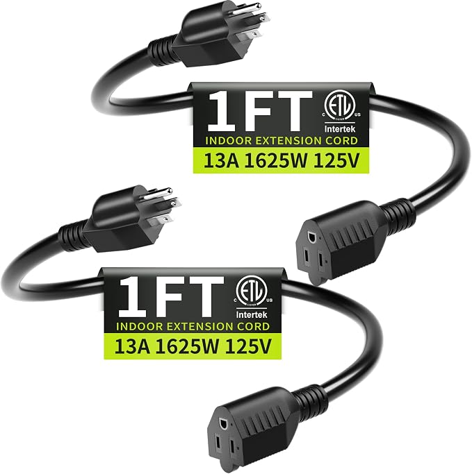 Short Extension Cord 1FT 2 Pack, 16 AWG Black Power Cord Indoor by Seeklyze
