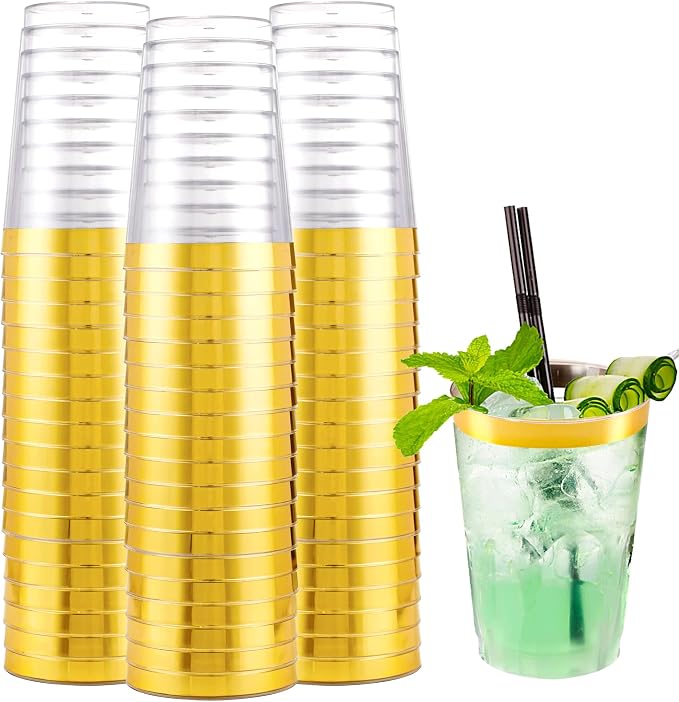 I00000 200 Pack Gold Plastic Cups, 10 oz Clear Plastic Cups Gold Rimmed by I00000