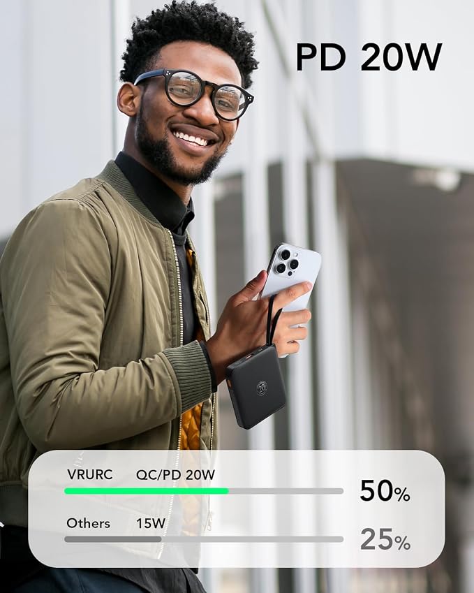 VRURC Portable Charger with Built-in Cable, 10000mAh 22.5W Fast Charging USB C - Image 3