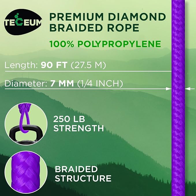 TECEUM Rope – 90 Feet x 1/4 Inch – Purple – Strong All-Purpose Utility Rope – - Image 2