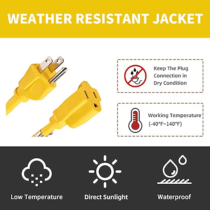 Indoor Outdoor Extension Cord Weatherproof, UL Certified, 12 Gauge 10FT Yellow - Image 6