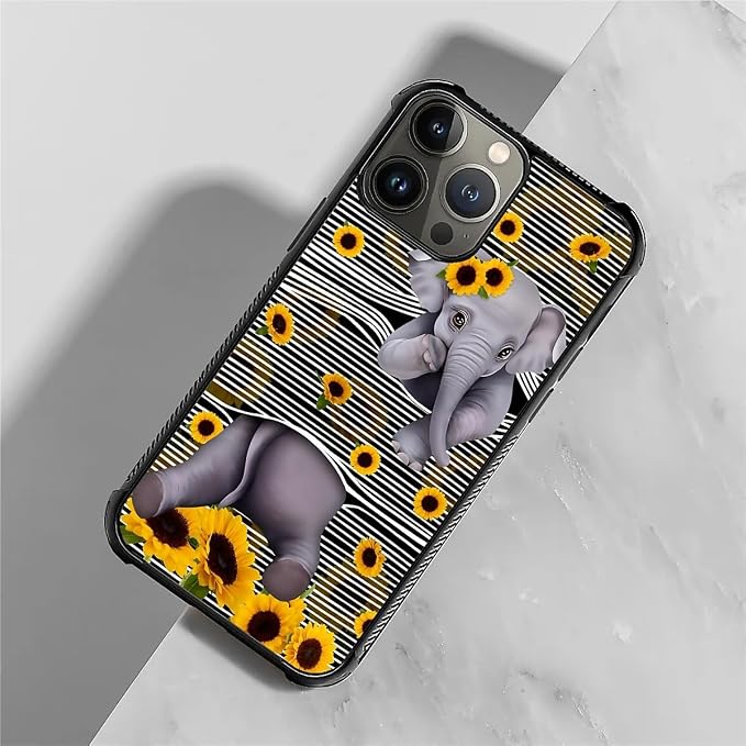 for iPhone 15 Pro Max Case, Cute Little Elephant Sunflower White Line Art - Image 2