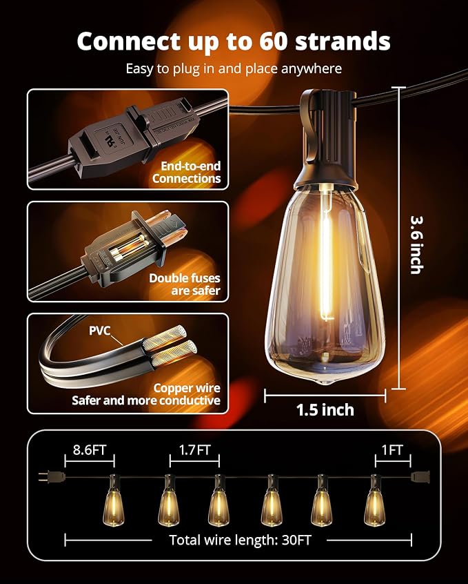 VIPAR Outdoor String Lights 30FT LED Patio Lights Waterproof - Image 8