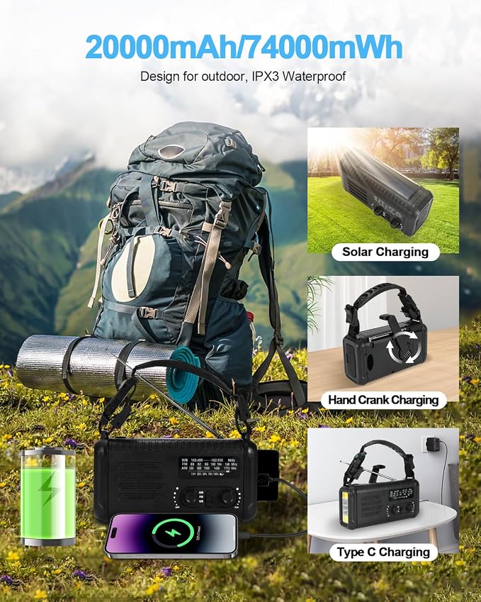 Emergency Crank Radio, 20000mAh / 74000mWh Solar Hand Crank Weather Radio - Image 6