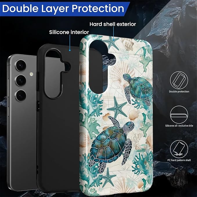 for Samsung Galaxy S24 Case, HL2 Ocean Sea Turtle Nautical Map Hybrid 2 Layer - Image 2