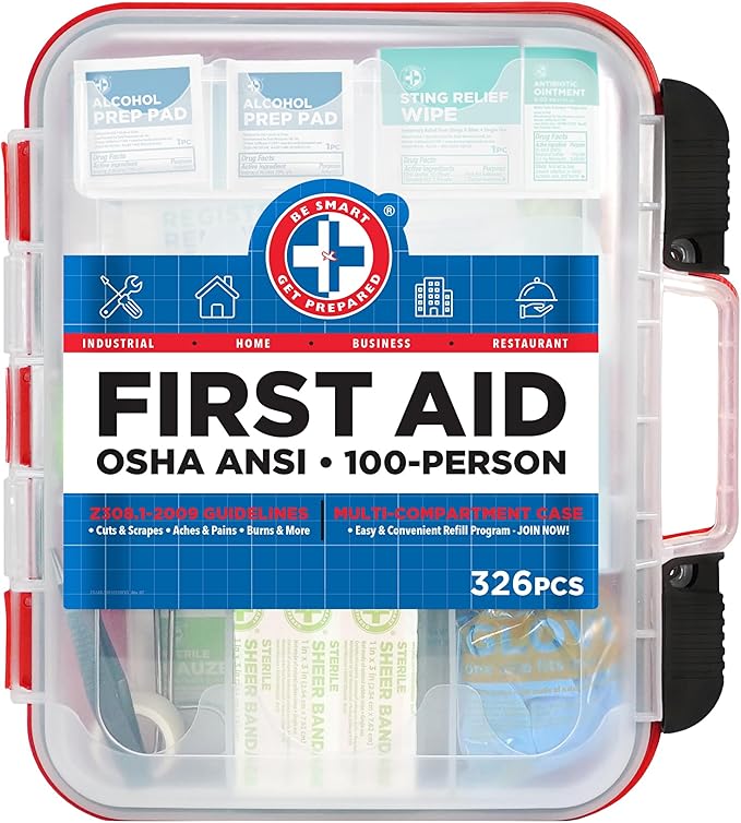 Be Smart Get Prepared First Aid Kit Hard Red Case 326 Pieces Exceeds OSHA and by BeSmartGetPrepared