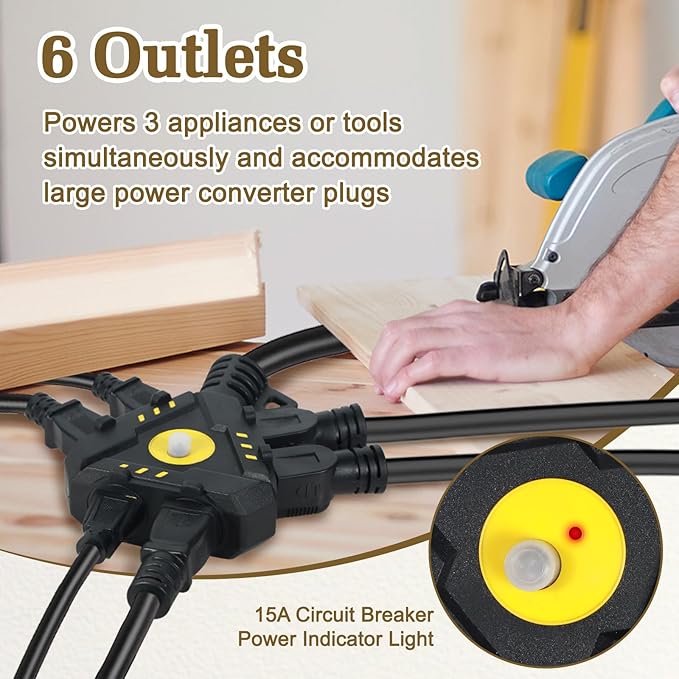 15FT 14 Gauge Outdoor Extension Cord 6-Outlet 14/3 SJTW Heavy Duty Extension - Image 3