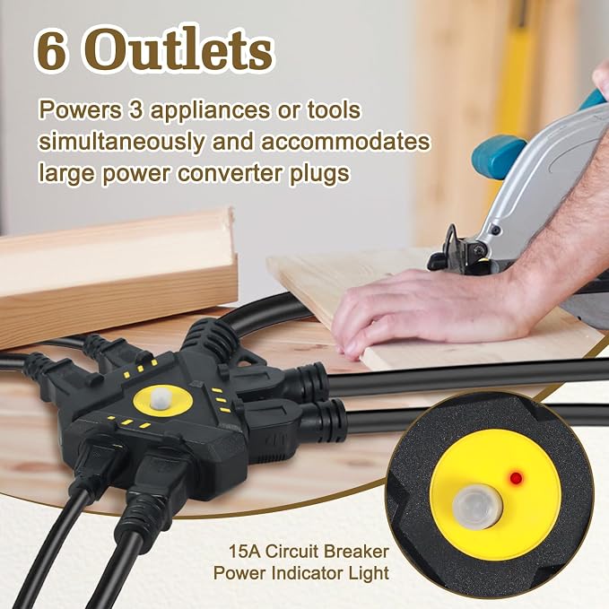 10FT 14 Gauge Outdoor Extension Cord 6-Outlet 14/3 SJTW Heavy Duty Extension - Image 3