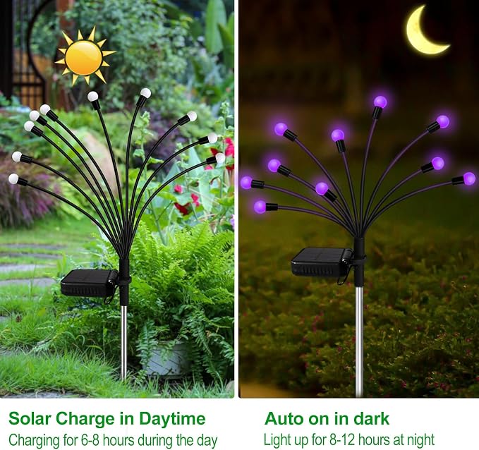 Kohlrabi Solar Garden Lights Outdoor, 10 Pack 80 LED Solar Purple Firefly - Image 3