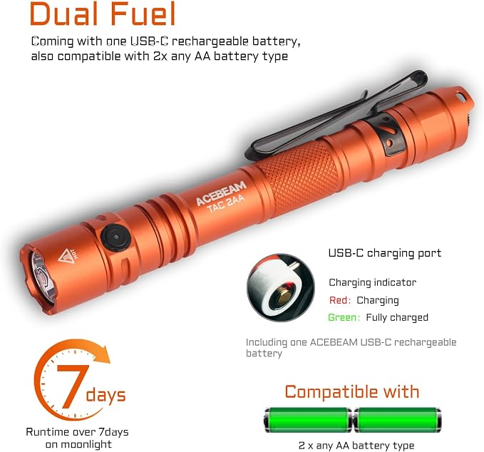 ACEBEAM TAC 2AA EDC Tactical Dual Modes Flashlight Rechargeable, 1600 High - Image 5