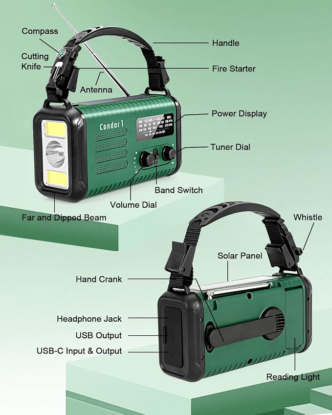 Emergency Crank Radio, 20000mAh / 74000mWh Solar Hand Crank Weather Radio - Image 8