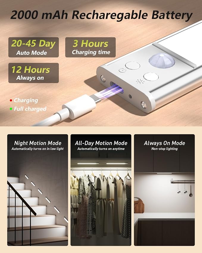 Under Cabinet Lighting, Rechargeable Motion Sensor Light Indoor, 4 Pack - Image 3