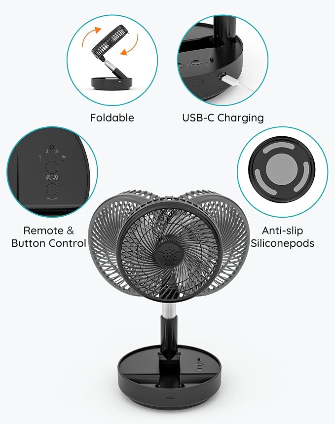 Primevolve Portable Oscillating Standing Fan, Rechargeable Battery Operated USB - Image 5