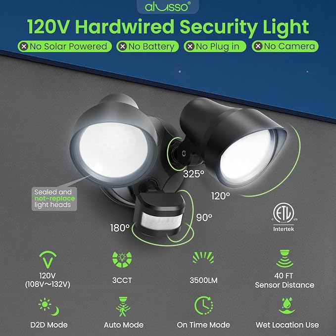 ALUSSO Motion Sensor Outdoor Lights, 30W 3500LM Flood Lights Outdoor 120V - Image 3