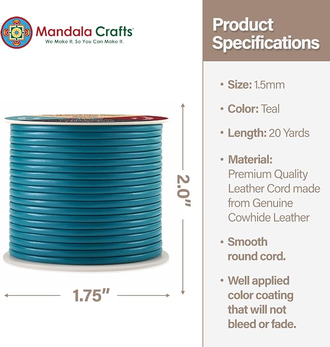 Mandala Crafts Round Genuine Teal Leather Cord - Image 4