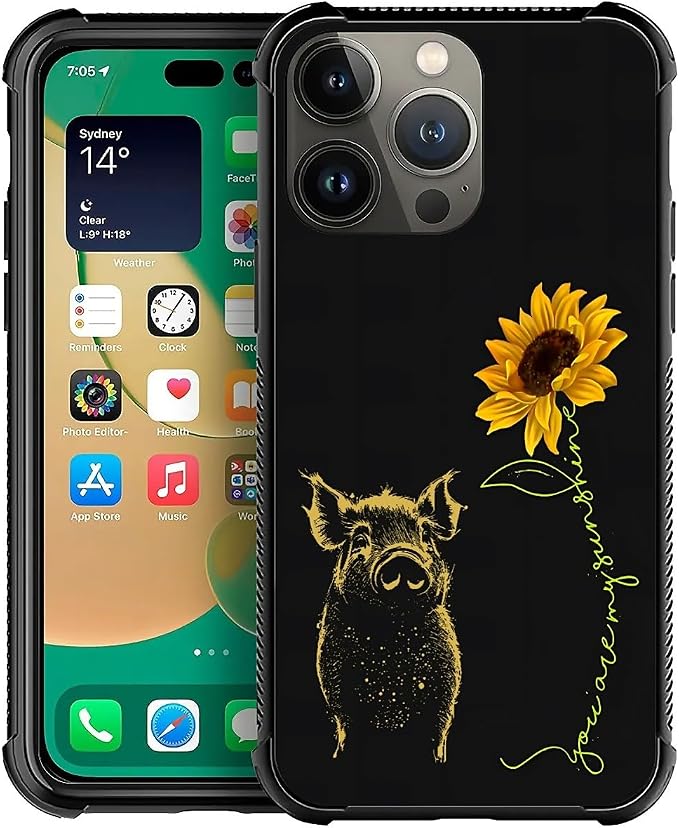 for iPhone 14 Pro Max Case, Pig Sunflower Yellow Sunshine Pattern Graphic by FKBRCL4U