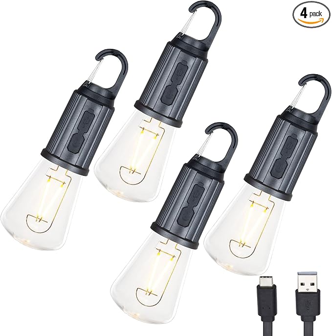 4-Pack Rechargeable Camp Light, Warm White LED Conical Bulb, Battery Powered by FestiveLiving