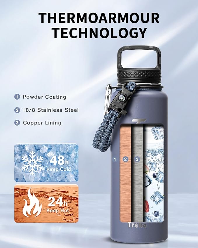 Trebo Water Bottle 40oz with Paracord Handle, Half Gallon Large Vacuum Triple - Image 2