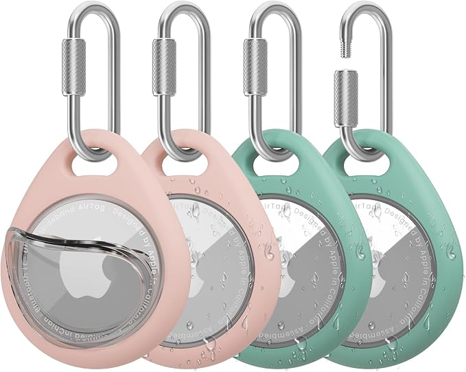 AirTag Holder with 304 Carabiner, 4 Pack IPX8 Waterproof Shockproof PC Hard Case by HOME
