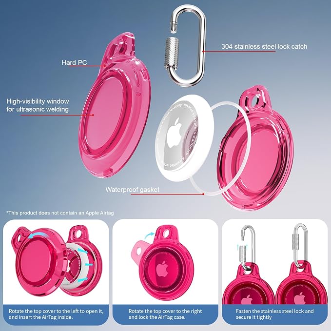 AirTag Holder with 304 Carabiner, 4 Pack IPX8 Waterproof Shockproof PC Hard Case - Image 2