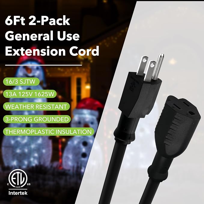 BN-LINK 6ft Indoor Outdoor Extension Cord 16/3 SJTW, 2 Pack, Weather Resistant - Image 3