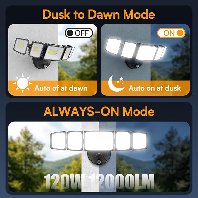 Onforu 120W 12000LM Dusk to Dawn Outdoor Lighting, 5 Heads Flood Lights Outdoor - Image 3